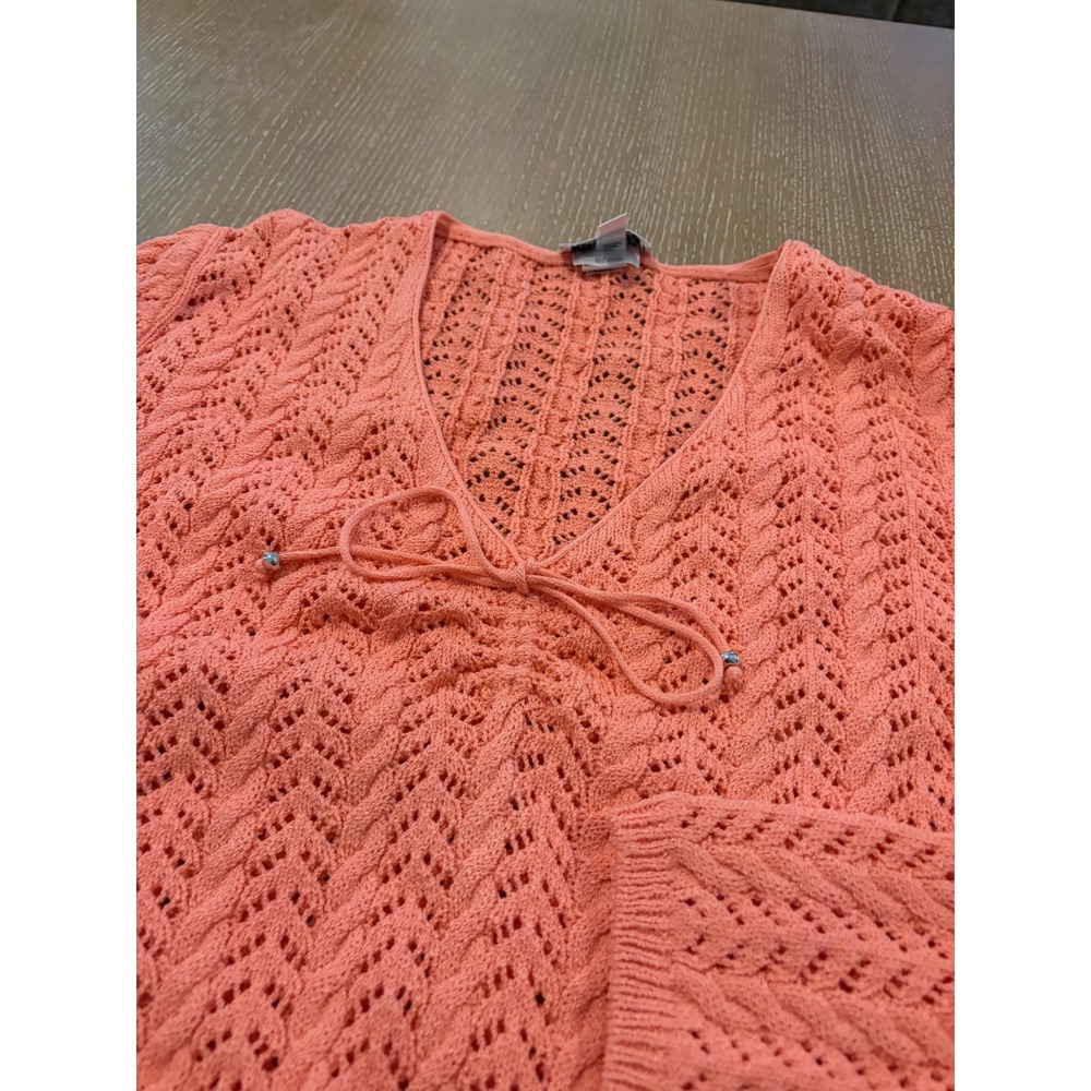 St. John Sport Women's L Coral Pointelle Knit V Neck Wool Rayon Sweater